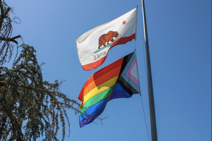 The Progressive Pride flag was raised in front of the Frank W. Thomas Building in honor of Pride Month on June 1. (Jiselle Cardenas/The Collegian)
