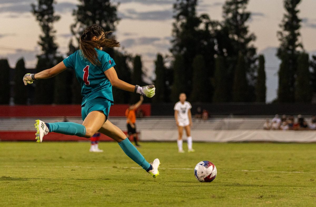 Fresno State goalkeeper Valentina Vivas kicks the ball down the field against UC Santa Barbara, on Aug. 24. 