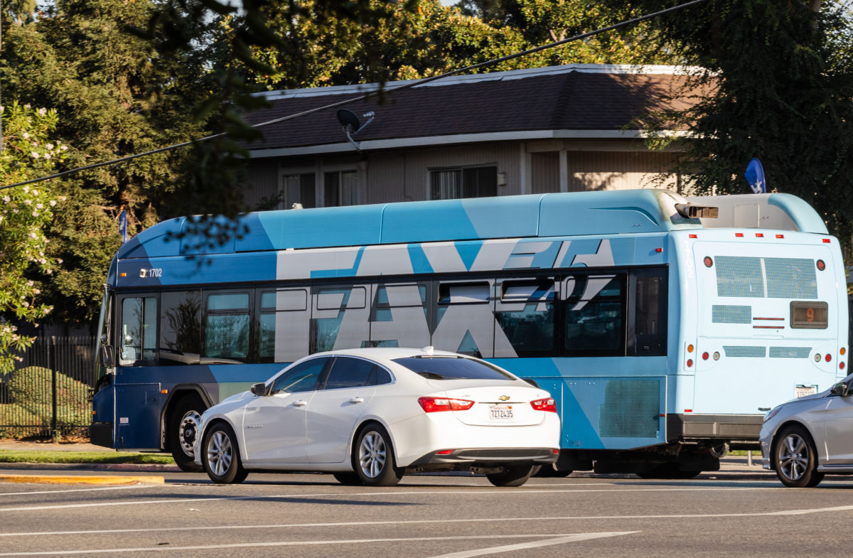 A Fresno Area Express bus cruising down Shaw Ave near Fresno Fresno State on Thursday, Aug. 24. 