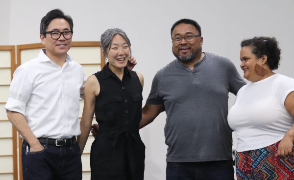 From left to right: Lee Herrick, Brynn Saito, Jason Bayani and Amber Flame reflect on spirituality through poetry. (Jayronan Vanthy/The Collegian)