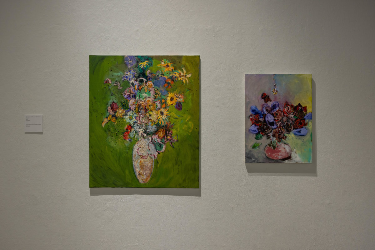 Deconstructed Bouquet With Green Ground and Soft Explosion with Rainbow Ground are two oil paintings by Laura Meyer. (Jacqueline Carrillo/The Collegian)