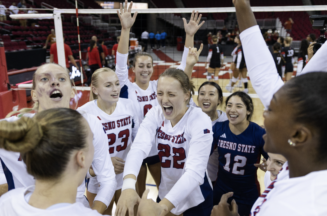 Fresno State womens volleyball team celebrates a win against the Northridge Matadors on Friday, Sept. 1, 2023 at Save Mart Center.