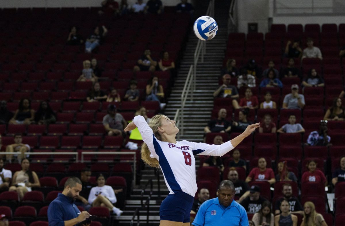 Outside+hitter+Ella+Rud+gets+ready+to+hit+the+ball+against+CSU+Northridge+at+Save+Mart+Center%2C+on+Sept.+1.+