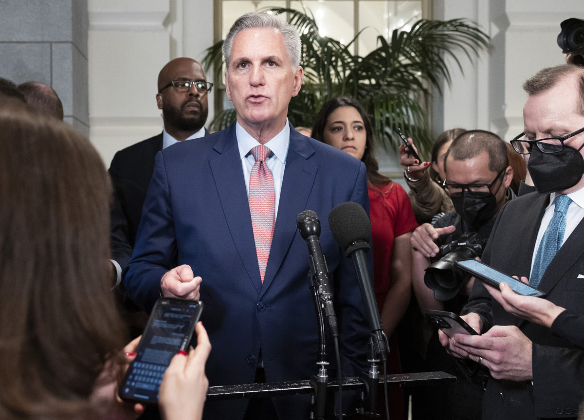 U.S.+House+Minority+Leader+Kevin+McCarthy+%28R-CA%29+speaks+to+reporters+following+a+meeting+with+House+Republicans+at+the+U.S.+Capitol+Building+on+Jan.+3%2C+2023%2C+in+Washington%2C+D.C.+Today+members+of+the+118th+Congress+will+be+sworn+in+and+the+House+of+Representatives+will+hold+votes+on+a+new+Speaker+of+the+House.