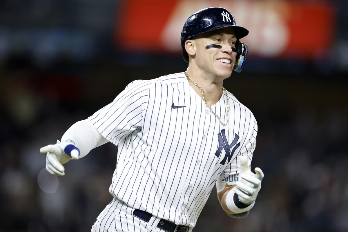 Aaron Judge of the New York Yankees reacts after hitting a solo home run during the seventh inning against the Arizona Diamondbacks at Yankee Stadium on Friday, Sept. 22, 2023, in New York.