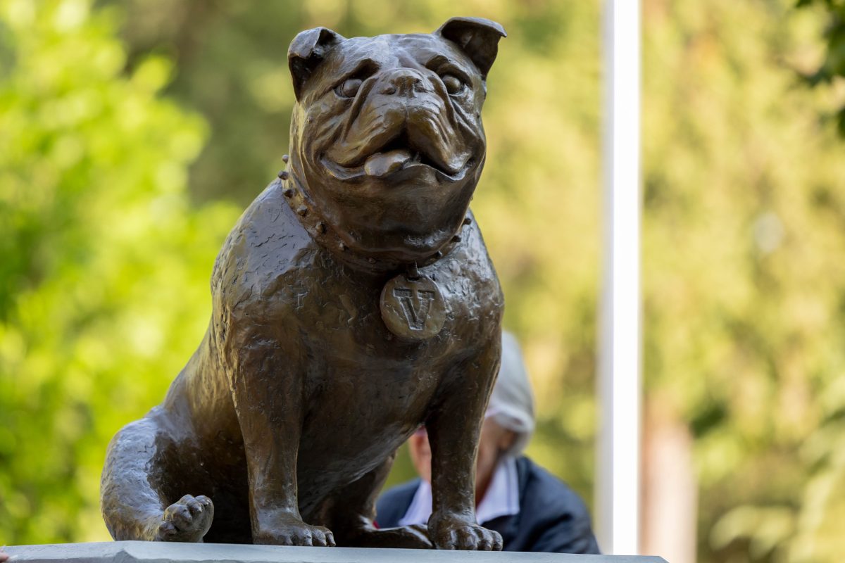 Victor E. Bulldog III bronze statue unveiling ceremony located in front of the RSU. (Jacqueline Carrillo/The Collegian)