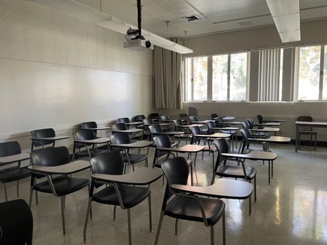 Empty classroom in the Speech Arts Building at Fresno State on Nov. 29. The building was evacuated due to a power outage caused by flooding related to the Central Utility Plant Replacement project.