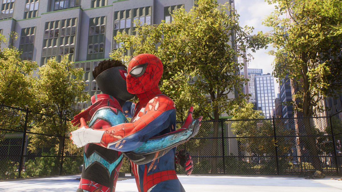 Miles Morales and Peter Parker sharing a moment in game. (Screenshot from Insomiacs Spider-Man 2 on PS5)
