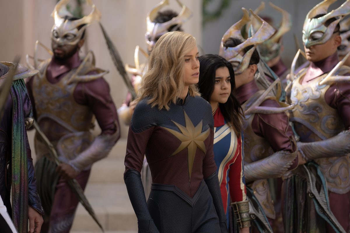 Left to right, Brie Larson as Captain Marvel/Carol Danvers and Iman Vellani as Ms. Marvel/Kamala Khan in Marvel Studios The Marvels. (Laura Radford/Marvel Studios/TNS)