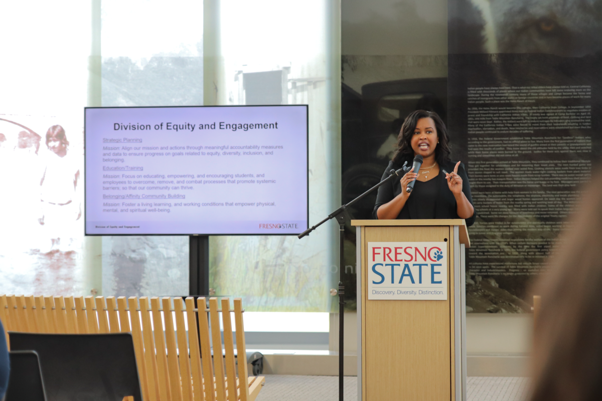 Rashanda Booker, university diversity officer speaks about the mission statement of the Division of Equity and Engagement. The Town Hall was held on Nov. 2 at 10 a.m. in the Table Mountain Rancheria Reading room in the Library.