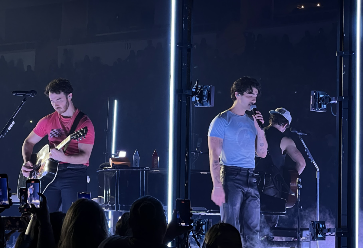 The Jonas Brothers, composed of Kevin Jonas (left), Joe Jonas (middle) and Nick Jonas (right), perform at the Save Mart Center as a part of The Tour.