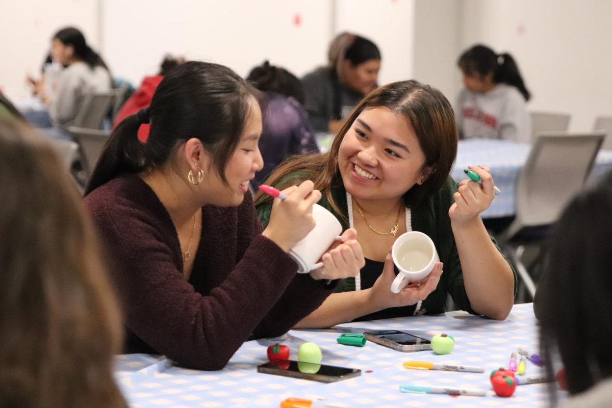 Students having fun while they paint dishes during Dine and Dish event as a part of Stress Free Week. The event took place from 6-8 p.m. on Nov. 9 in RSU room 207.