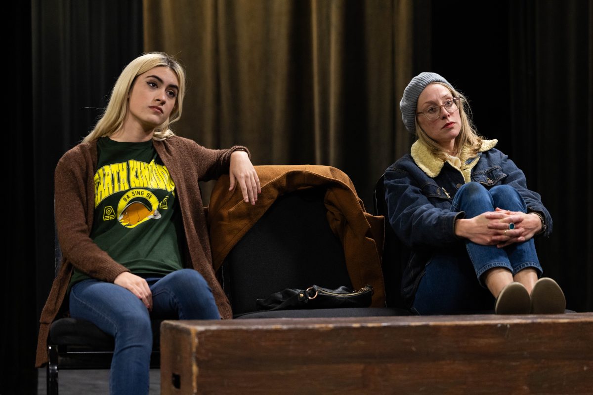 Paris Richards (left) and Lindsay Anton (right) play the roles of Izzy and Kate in a rehearsal for Seminar.