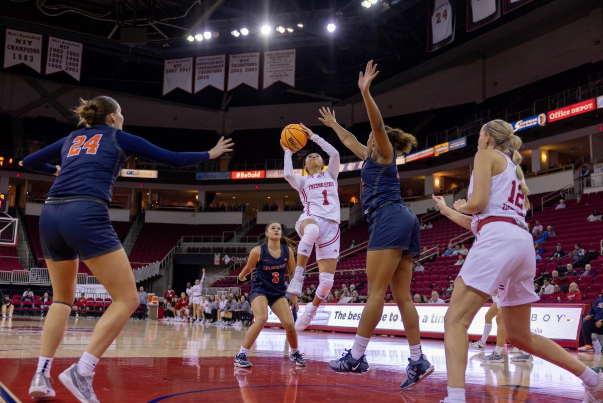 Taija Santa Maria goes up for a basket against Cal State Fullerton at the Save Mart Center on Dec. 6.