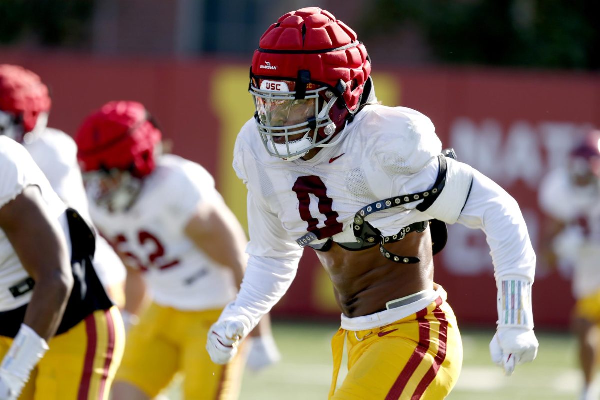 USC defensive lineman Korey Foreman (0) runs drills during spring football practice at Howard Jones/Brian Kennedy Fields on campus on March 28, 2023, in Los Angeles.