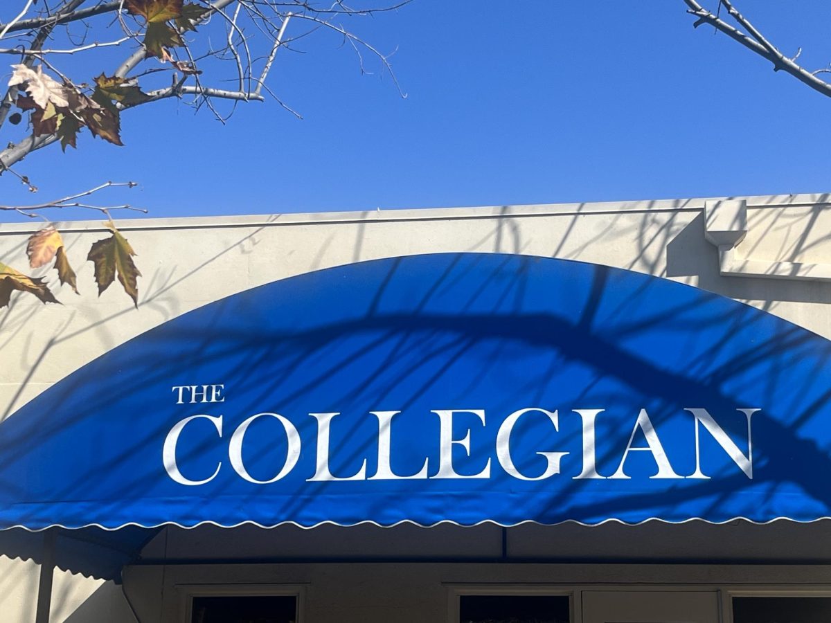 The Collegian awning next to the west entrance of the Speech Arts building. 
