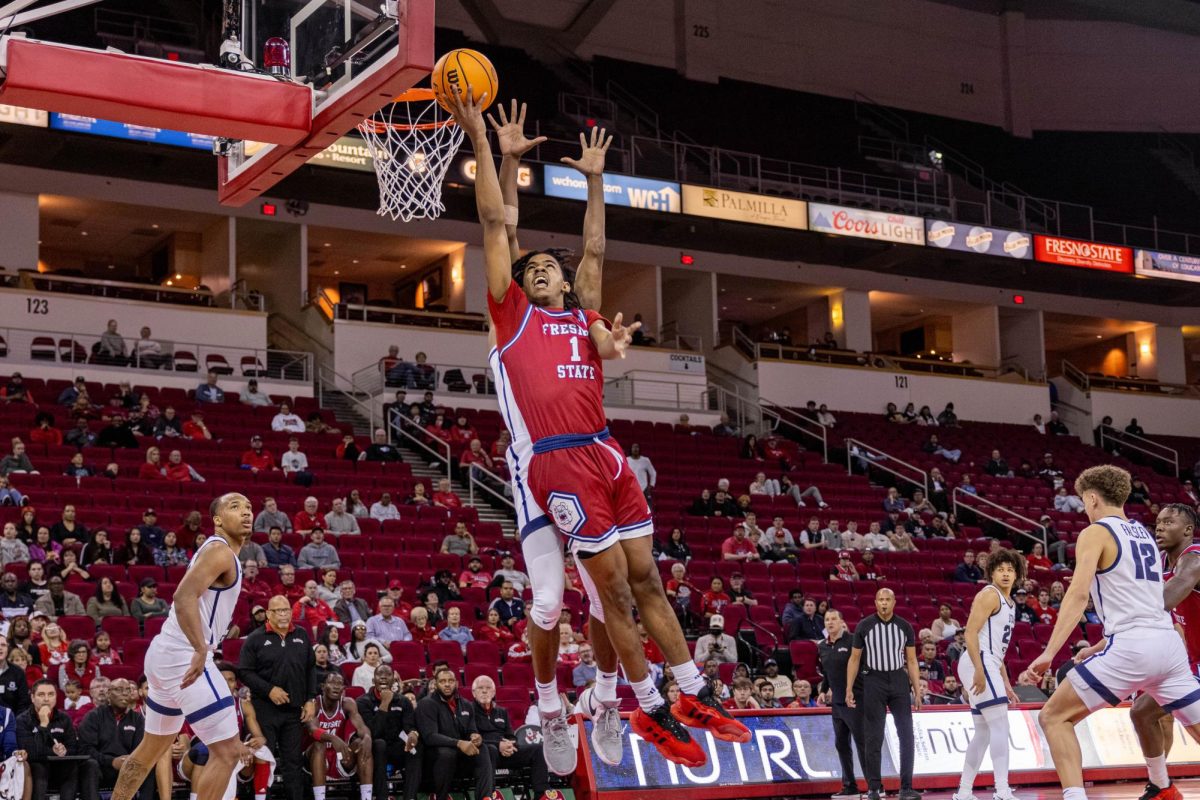 Bulldog guard Isaac Taveras shoots one handed layup in the Save Mart Center on Feb. 27. 