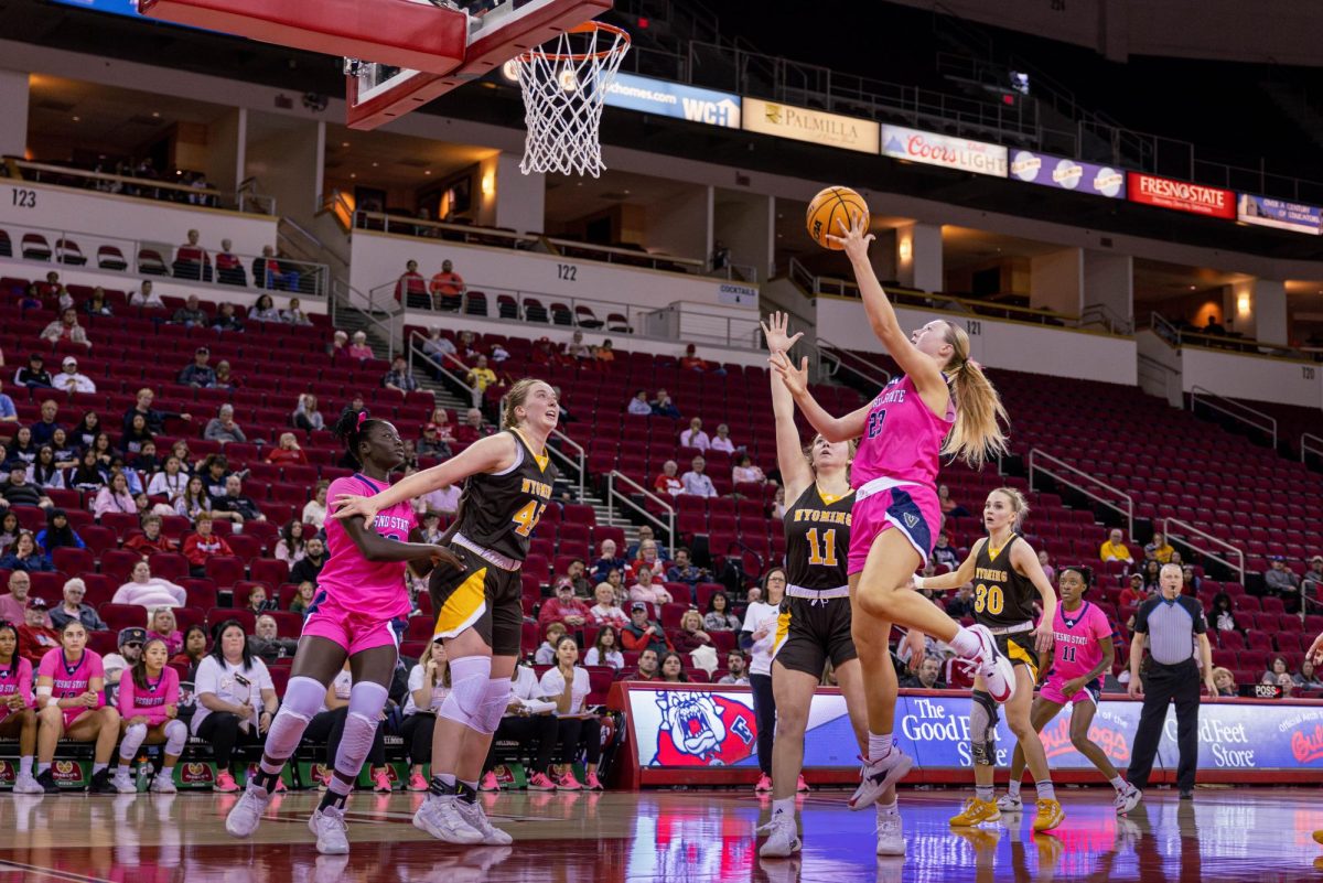 Bulldog forward, Mia Jacobs jumps for layup against Wyoming at the Save Mart Center on Jan. 27.