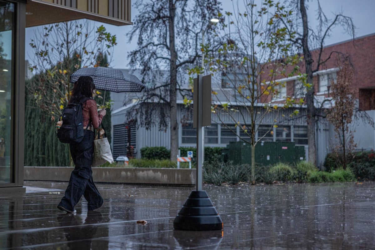 Student caught in the rain at Fresno State. The water poured down on campus on Wednesday Feb. 7. 