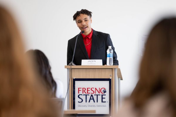 Candidate Jaden Baker, a current freshman running for ASI president. He presented five core pillars which he is gearing his campaign toward.