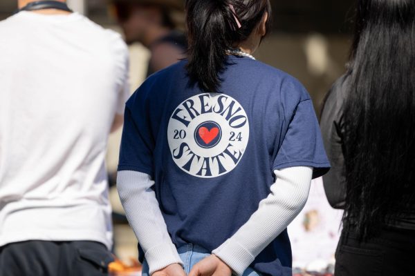 Students wear an “I Heart Fresno State T-shirt” during “Doglands,” which is an event part of I Heart Fresno State week. 