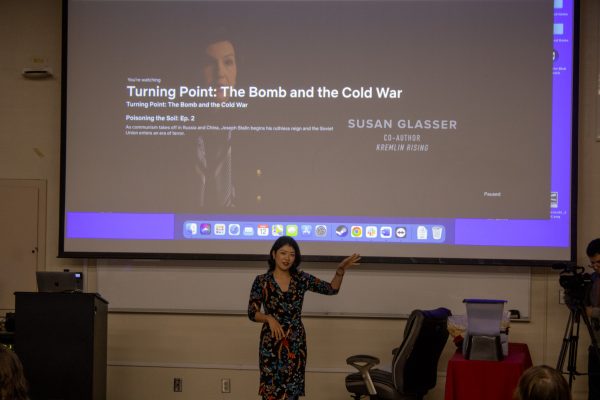 Hanayo Oya speaks to a room of attendees at her Netflix documentary screening of Turning Point: The Bomb and the Cold War. The screening took place on March 12 in the Industrial Tech building at Fresno State.