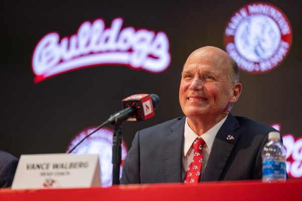 Fresno State mens basketball Head Coach Vance Walberg smiles at his media introductory press conference on April 12.