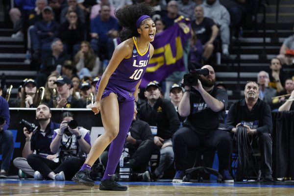 Angel Reese #10 of the LSU Tigers reacts during the first half against the Iowa Hawkeyes in the Elite 8 round of the NCAA Womens Basketball Tournament at MVP Arena on April 1, 2024, in Albany, New York. 
