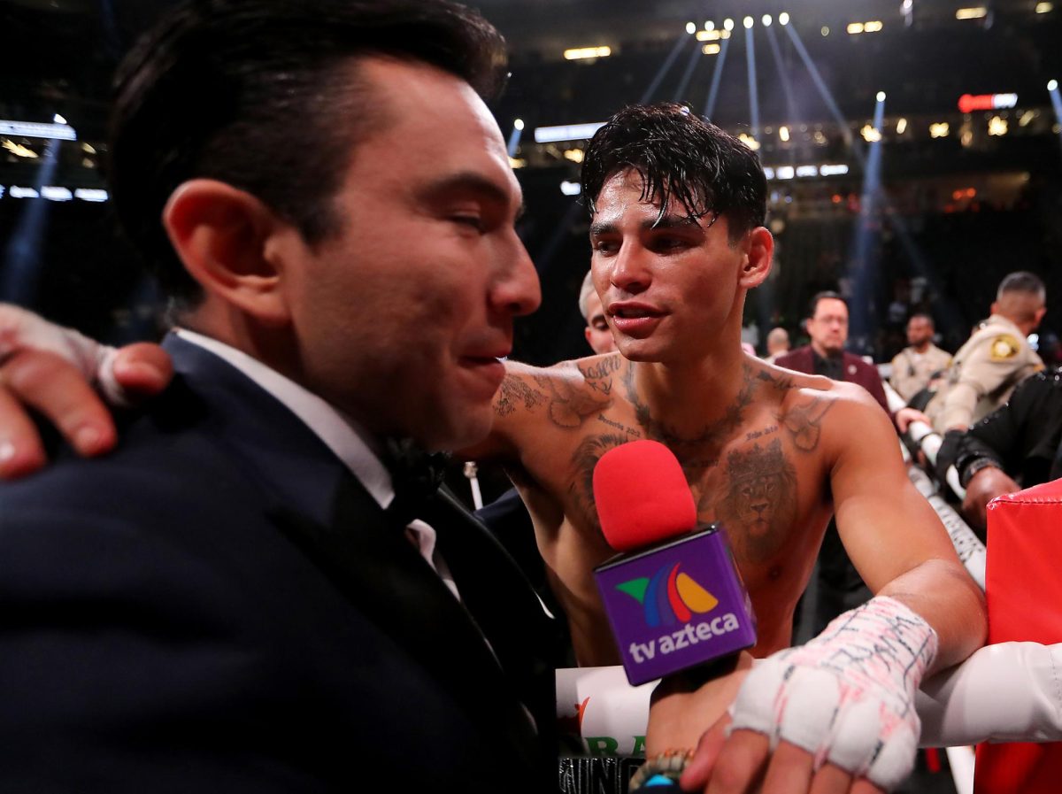 Ryan Garcia does an interview following his loss by TKO to Gervonta Davis in the seventh round of their prizefight at T-Mobile Arena in Las Vegas on Saturday, April 22, 2023.