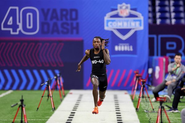 Wide receiver Xavier Worthy of Texas participates in the 40-yard dash during the NFL Combine at Lucas Oil Stadium on March 2, 2024, in Indianapolis.