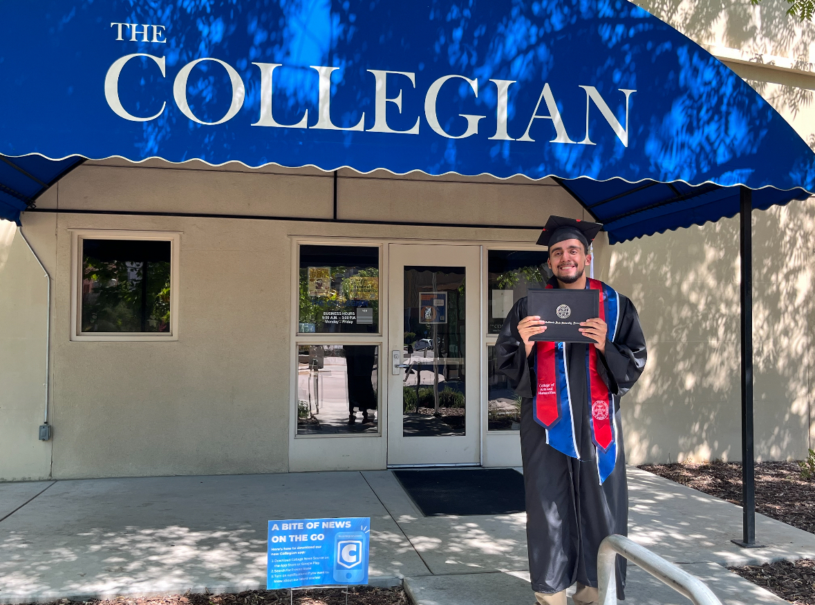 Opinion Editor Dylan Gonzales stands outside of The Collegian office after graduating on May 17. 