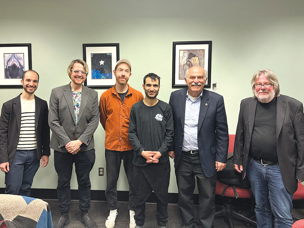 Left to right: Dr. Michael Krikorian, Evan Marien, Arthur Hnatek, Tigran Hamasyan, Prof. Barlow Der Mugrdechian, and Keyboard Concert director Andreas Werz.