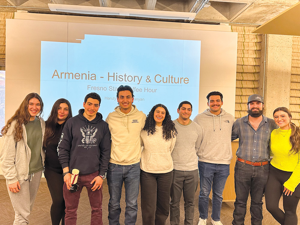 Left to right: Ani Sargsyan, Izabella Papikyan, speaker Harutyun Amirkhanyan, Alec Karayan, Karina Messerlian, Simon Zhamkochyan, Armand Karkazian, Simon Sislian, and Hannah Paloutzian.