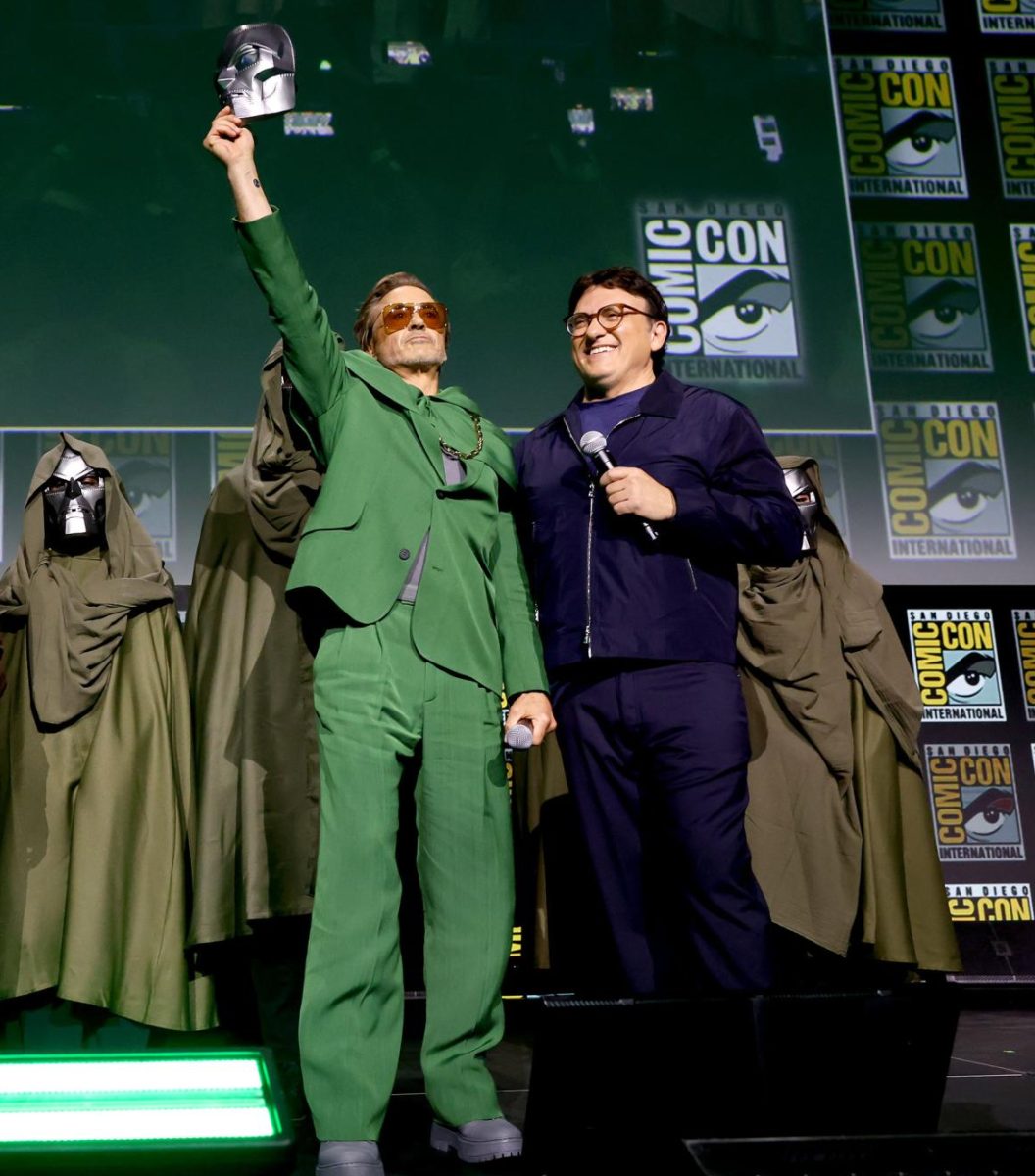 From left, Kevin Feige, president of Marvel Studios, Joe Russo, Robert Downey Jr. and Anthony Russo speak onstage during the Marvel Studios Panel in Hall H at SDCC in San Diego, on July 27, 2024.