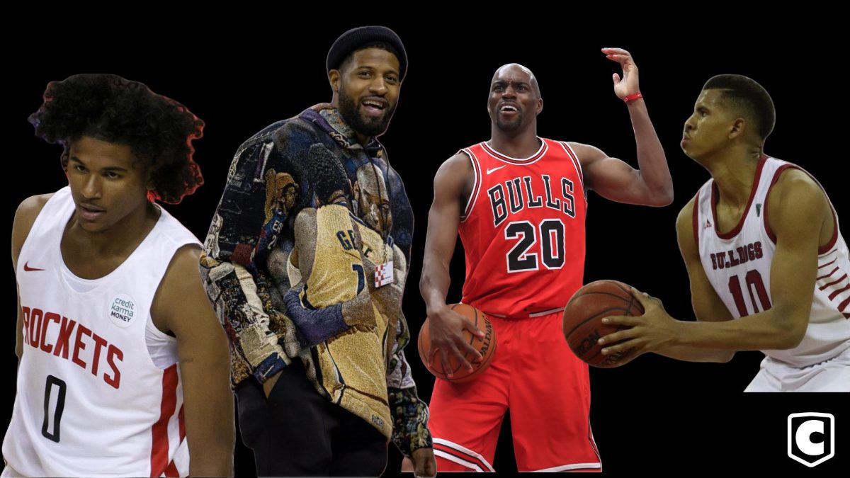 A graphic of Jalen Green (left), Paul George (second left), Quincy Pondexter (second right) and Orlando Robinson (right). 