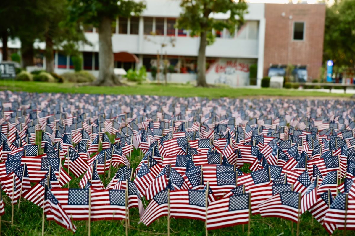 Tiny flags laid out in the Memorial Gardens at Fresno State in remembrance of 9/11 and those who lost their lives.