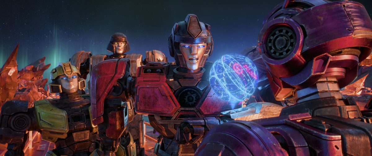 From left, B-127 (voiced by Keegan-Michael Key), D-16 (Brian Tyree Henry), Orion Pax (Chris Hemsworth) and Elita-1 (Scarlett Johansson) in "Transformers One."