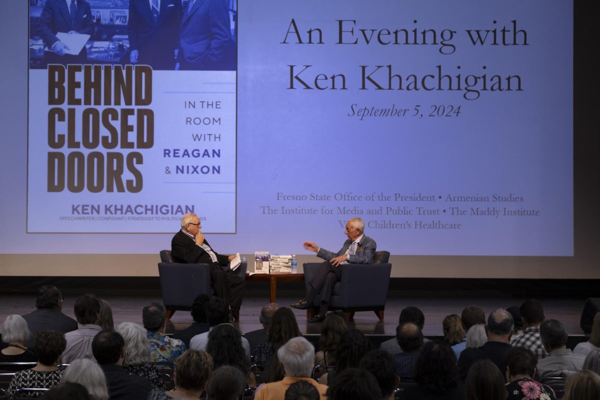 Jim Boren and Ken Khachigian discuss Khachigian's book, Behind Closed Doors: In the Room with Reagan and Nixon, on Sept. 5 in the Satellite Student Union at Fresno State.