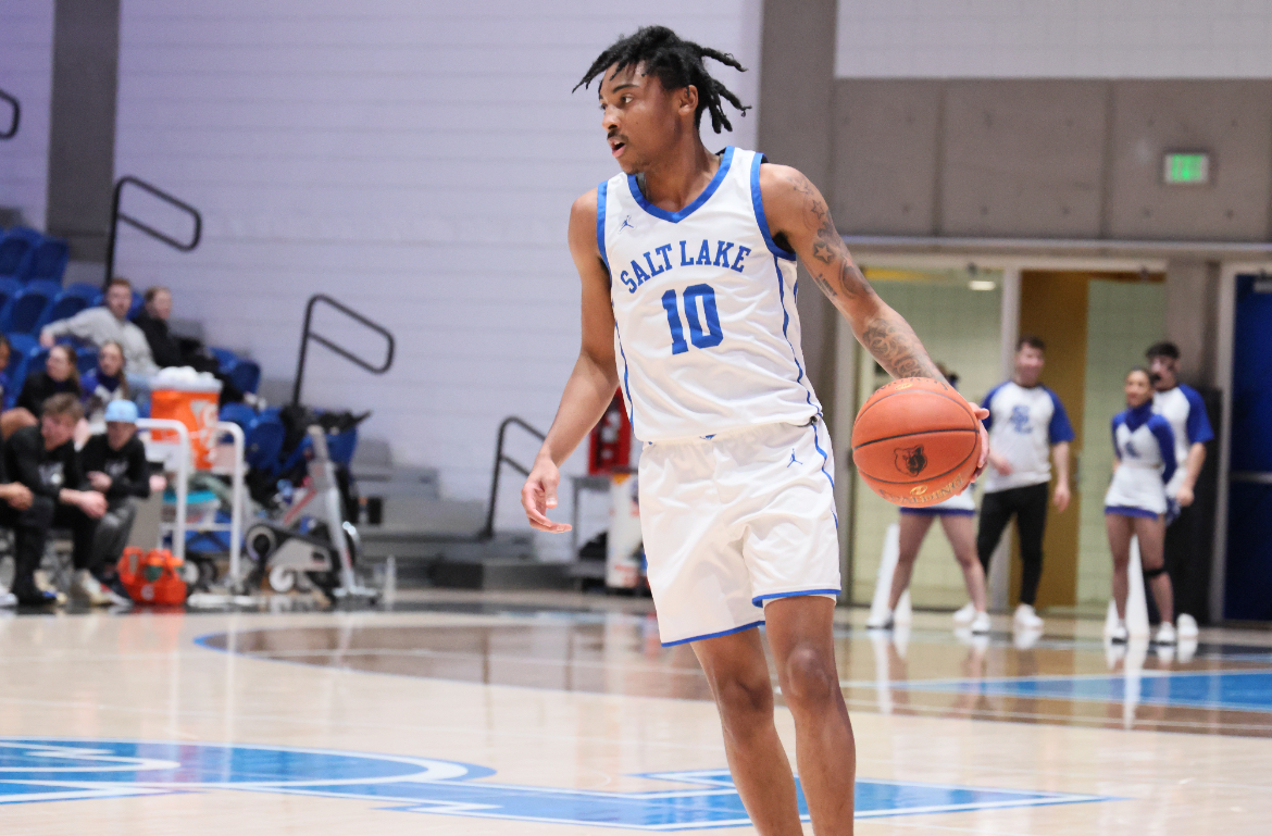 Zaon Collins (10) dribbling the ball in a game last season at Salt Lake City Community College.  