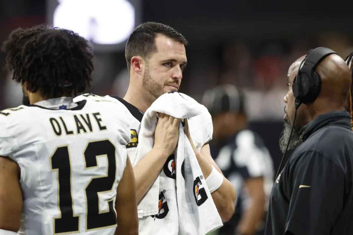 Derek Carr on the sideline during his team's 26-24 loss to the Falcons on Sunday, September 29, 2024. 