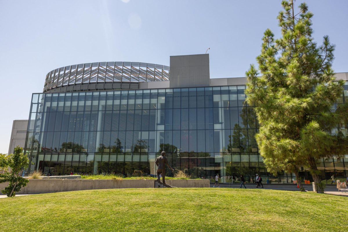 The Fresno State Library behind the Peace Garden during the Spring 2024 semester.