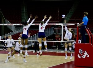 Mya Sellers (17) and Addison Halluska (4) go up for a block against UNLV on October 10, 2024, at the Save Mart Center. 