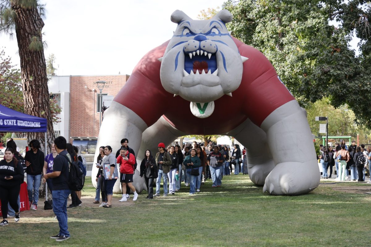 Fresno State celebrates homecoming week with signature inflatable Bulldog on Oct. 24 in the Memorial Gardens.