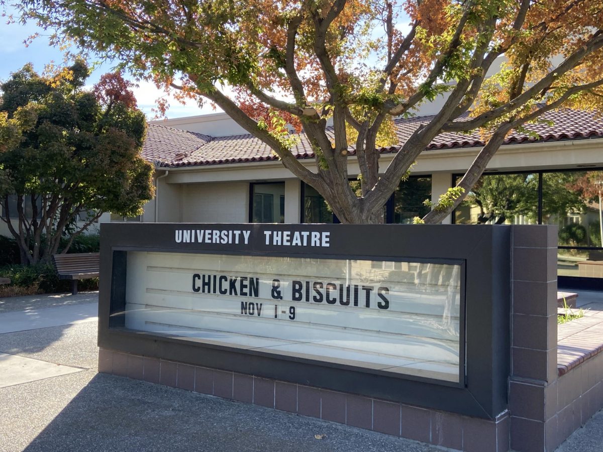 Outside shot of the Dennis and Cheryl Woods Theatre in preparation for "Chicken and Biscuits."