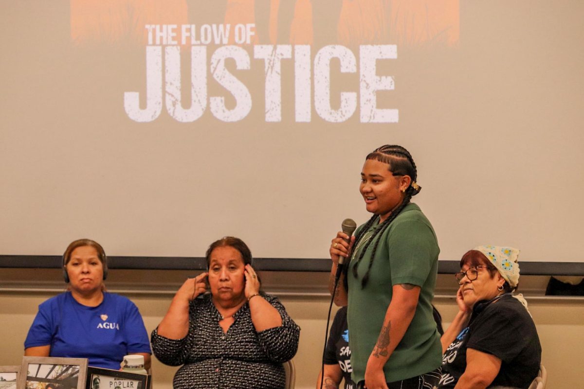 Jaselina Garcia speaking at the premiere of "Flow of Justice" at Fresno State on Sept. 26, 2024.