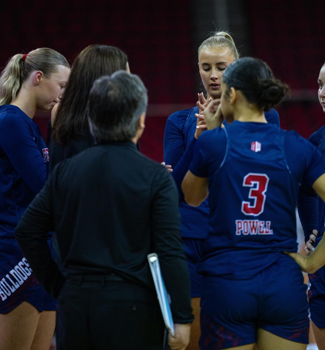 Head Coach Jamie White talking to her team during a timeout in the Bulldogs 72-50 victory over Cal State Monterey Bey on Friday, October 25, 2024, at the Save Mart Center. 