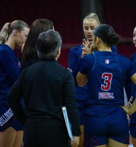 Head Coach Jamie White talking to her team during a timeout in the Bulldogs 72-50 victory over Cal State Monterey Bey on Friday, October 25, 2024, at the Save Mart Center. 