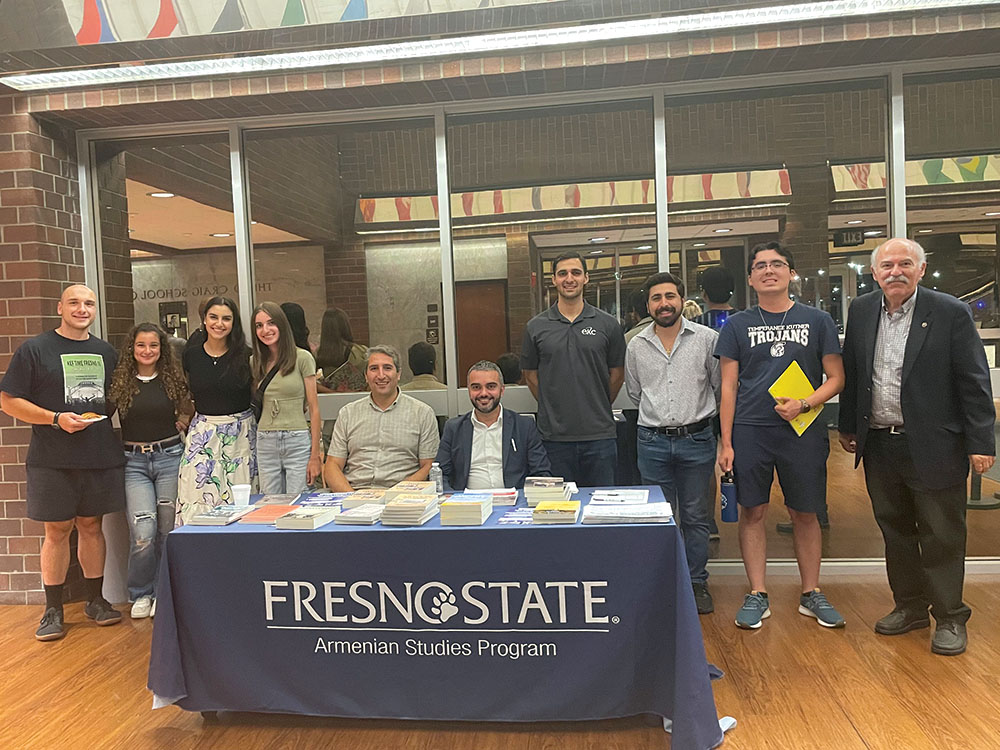 Left to right: Jonathan Chardukian, Sylvie Khatchikian, Rachel Yepremian, Emily Sahakian, Dr. David Zakarian, Dr. Simon Maghakyan, David Ashkharian, Andrew Hagopian, Tyler Peterson, and Prof. Barlow Der Mugrdechian.