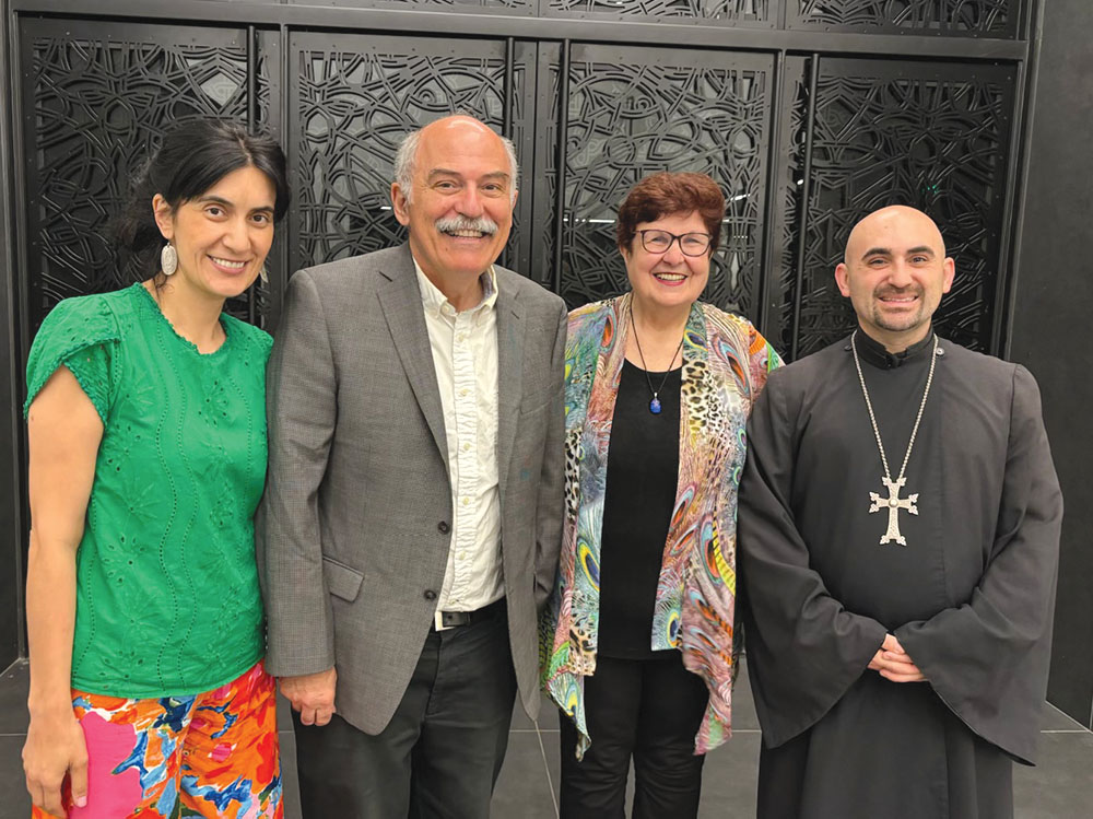 Left to right: Anna Khachatryan, Prof. Barlow Der Mugrdechian, Mary Mukhtarian, and Fr. Ghevond Ajamian after the May 17 talk.