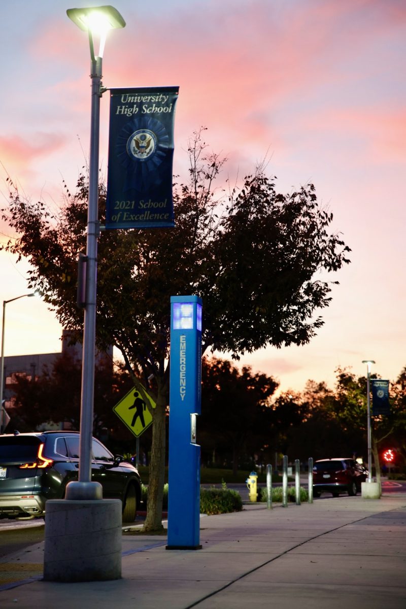 Emergency blue light phone at Fresno State near the Kremen School of Education building. 